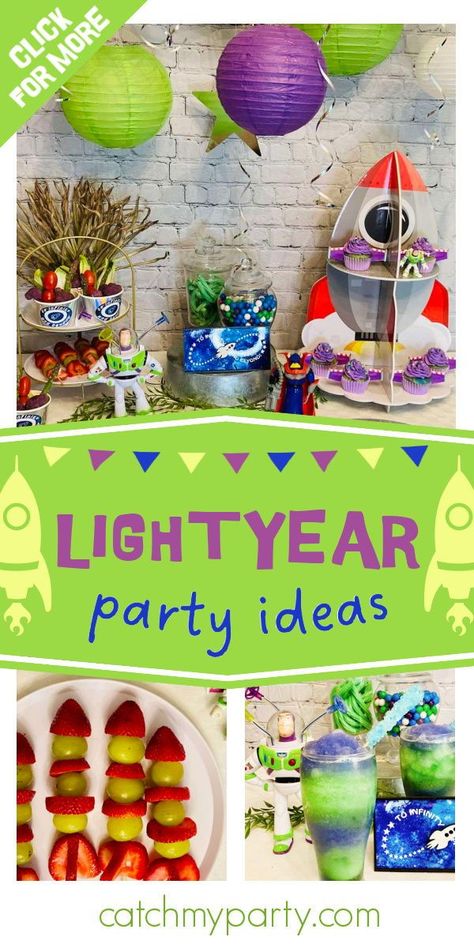 Lightyear Movie Birthday Party, Lightyear Party Ideas, Buzz Lightyear Party Snacks, Buzz Lightyear Party Food Ideas, Buzz Lightyear Themed Food, Buzz Light Year Food Ideas, To Infinity And Beyond Birthday Theme, Buzz Lightyear 3rd Birthday, Light Year Birthday Party