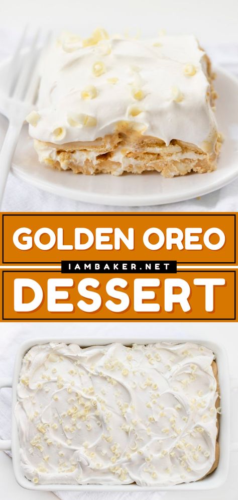 The Golden Oreo Dessert is an easy no-bake treat with layers of white chocolate, vanilla cookie crust, cream cheese, more cookies, cinnamon vanilla pudding, and whipped topping. It's also the perfect summer dessert recipe! Vanilla Oreo Cookie Recipes, Yellow Oreo Dessert, Vanilla Oreo Dessert, Vanilla Oreo Cheesecake, Golden Oreo Desserts, Vanilla Dessert Recipes, Cinnamon Pudding, Vanilla Pudding Desserts, Pudding Desserts Layered