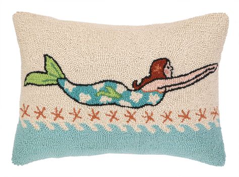 Hook Pillow, Cottage Pillows, Boston Interiors, Coastal Throw Pillows, Mermaid Pillow, Hooked Pillow, Coastal Pillows, Mermaid Decor, Hooked Wool