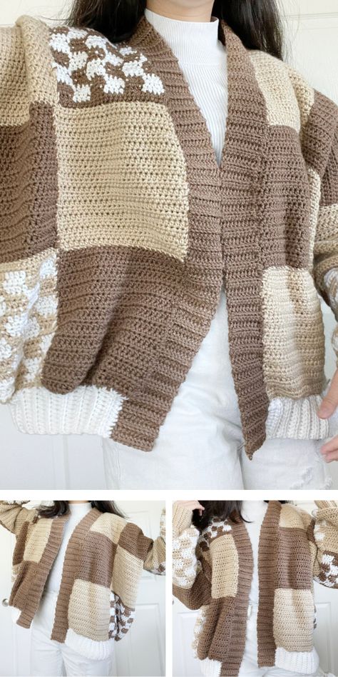 Oversize Cardigan Knitting Pattern, Tiktok Crochet, Crochet Tiktok, Easy Patchwork, Modern Haken, Crochet Cardigan Tutorial, Baby Jackets Pattern, Crochet Brown, Crochet Sweater Design