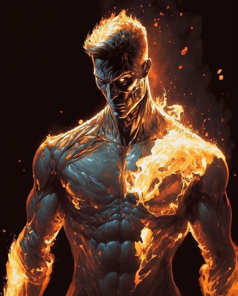 The Human Torch • art by Chuchy_art Human Torch Art, The Human Torch, Warrior Concept Art, Ian Somerhalder Vampire Diaries, Black God, Dc Comics Heroes, Human Torch, Male Characters, Fire Art