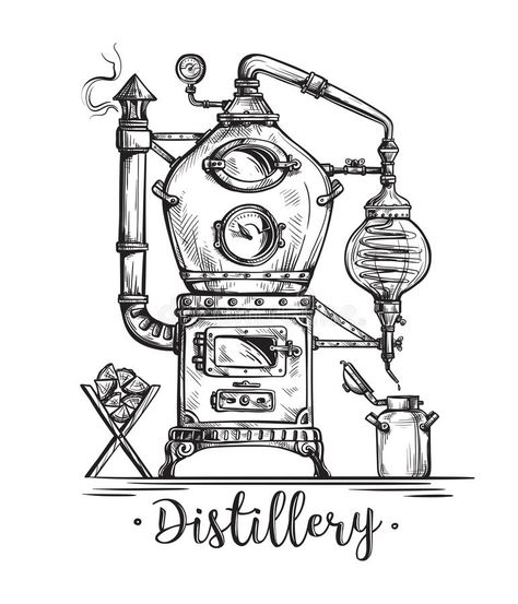 Alembic still for making alcohol inside distillery sketch stock illustration Making Alcohol, Steampunk Mixed Media Art, Steampunk Drawing, Steampunk Illustration, Moonshine Still, Steampunk Mixed Media, Kampot, Sketch Illustration, How To Make Beer