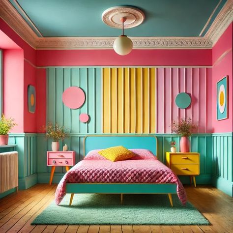 18 Bright Multi-Color Bedroom Ideas: Each Wall, A Different Color Interior Wall Siding Ideas, Neon Wall Paint, Bright Color Bedroom Ideas, Vibrant Bedroom Ideas, Colorful Modern Bedroom, Creative Workspace Design, Vibrant Bedroom, Color Bedroom, Fun Personality