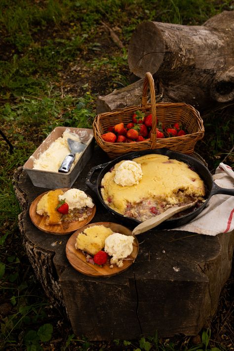 Campfire Strawberry Rhubarb Chamomile Slump — Under A Tin Roof Fire Desserts, Campfire Dessert, Cowboy Chili, English Pudding, Bean And Vegetable Soup, Smoked Pork Chops, Campfire Desserts, Dutch Oven Camping, Beer Bread