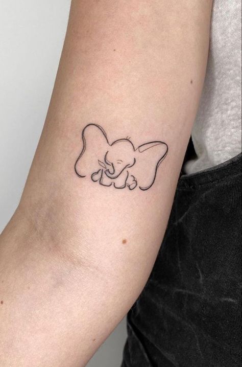 Dumbo Outline Tattoo, Disney Line Work Tattoo, Disney Related Tattoos, Fineline Disney Tattoo, Cute Dumbo Tattoo, Disney Tattoos Minimalist, Disney Tattoos Simple, Dumbo Tattoo Ideas, Dumbo Outline