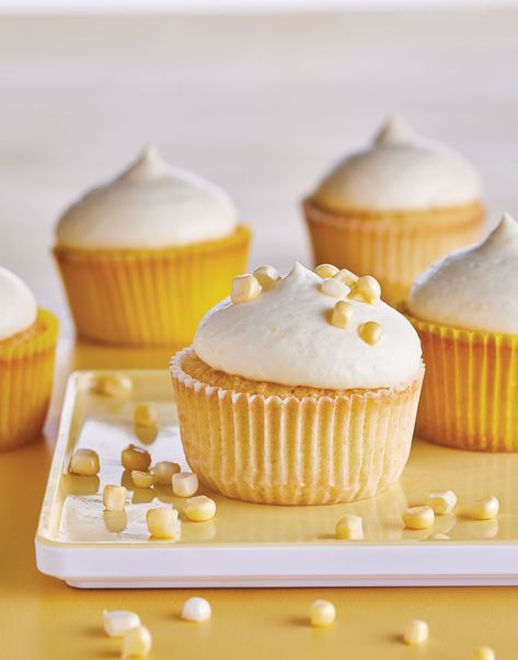 Sweet Corn Cupcakes with Corn Cream | Sweet corn is synonymous with summer, but rarely does it make an appearance in desserts. These sweet corn cupcakes capitalize on its prized sweet flavor and short season. But keep in mind — the corn is only as good as the ears you choose. #cuisineathome #cupcakerecipes #bakingrecipes #dessertrecipes #cupcakeideas #food #recipe Cream Frosting Recipe, Corn Cupcakes, Corn Cream, Desserts Cupcakes, Summer Cupcakes, Christmas Desserts Easy, Corn Cakes, Desserts For A Crowd, Cream Desserts