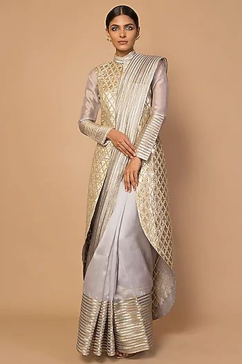 Grey Embroidered Jacket With Striped Saree Design by Siddartha Tytler at Pernia's Pop Up Shop Saree Jacket, Saree Jacket Designs, Saree Jackets, Long Blouse Designs, Saree Wearing Styles, Indian Saree Blouses Designs, Saree Designs Party Wear, Elegant Blouse Designs, Designer Saree Blouse Patterns