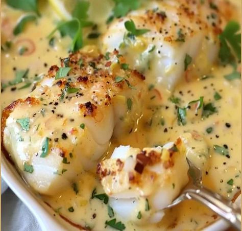 Cod Recipes Healthy, Lemon Baked Cod, Recipes With Coconut Cream, Cod Dishes, Lemon Cream Sauce, Lemon Fish, Cod Fillets, Cod Fish Recipes, Cream Sauce Recipe