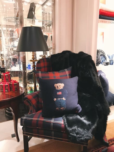 The Ralph Lauren Mansion | Holiday Windows & Decor - Lauren Nelson Polo Ralph Lauren Home Decor, Ralph Lauren Home Living Room English Equestrian Style, Ralph Lauren Showroom, Ralph Lauren Christmas Decor Holidays, Tartan Armchair, Ralph Lauren Home Living Room English, Ralph Lauren Room, Ralph Lauren Christmas Decor, Ralph Lauren Home Living Room