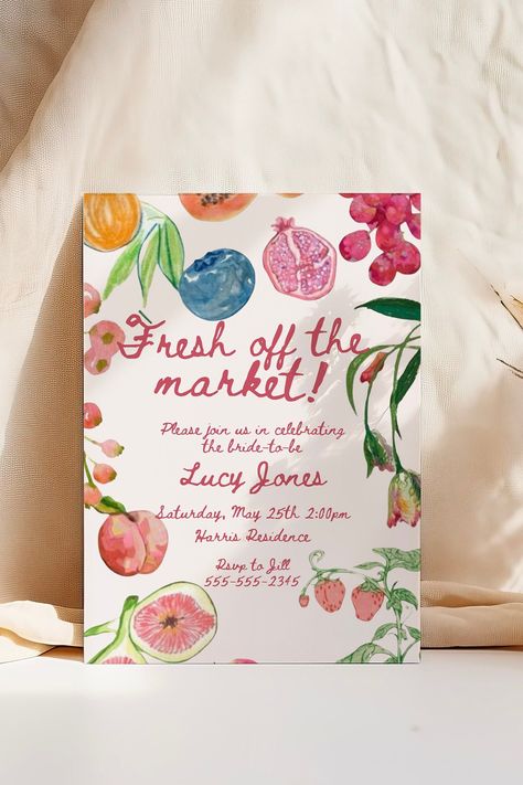 Fresh Off The Market Bridal Shower Invitation ~ Canva Template Celebrate the bride-to-be with our "Fresh Off the Market" bridal shower theme, inspired by the vibrant charm of a bustling farmer's market. This theme brings a fresh and lively atmosphere to the celebration, featuring an abundance of seasonal blooms, colorful fruits, and artisanal treats. Picture tables adorned with rustic crates overflowing with fresh produce, wildflowers in mason jars, and charming chalkboard signs. Guests can savor farm-to-table delights, sip on refreshing lemonade or handcrafted cocktails, and enjoy the relaxed, inviting ambiance. What's Included: 1 x 5x7" Invitation Template Front What You Can Edit: ✔ The font (Wording, size, color, and placement) ✔ The graphics (Size and placement) ✔ Background Color ✘ Th Fresh Of The Market Theme, Napa Valley Bridal Shower Theme, Farmer Market Bridal Shower Theme, Shes Off The Market Bachelorette, Farmers Market Wedding Shower Theme, Fresh Off The Market Theme, Off The Market Theme, Garden Party Bridal Shower Invitations, Farmer Market Party