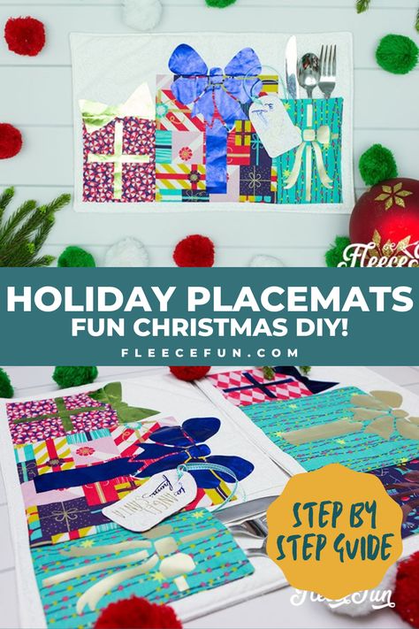 a DIY Placemats for the Holidays, perfect for Christmas, and New Year’s celebrations, adding a personal touch to your festive table setting, made with free step by step tutorial from fleece fun Christmas Quilted Placemats, Diy Placemats For Kids, Diy Christmas Placemats, Holiday Placemats, Christmas Placemat, Diy Placemats, Sewing Patterns Free Women, Placemats Kids, Holiday Sewing