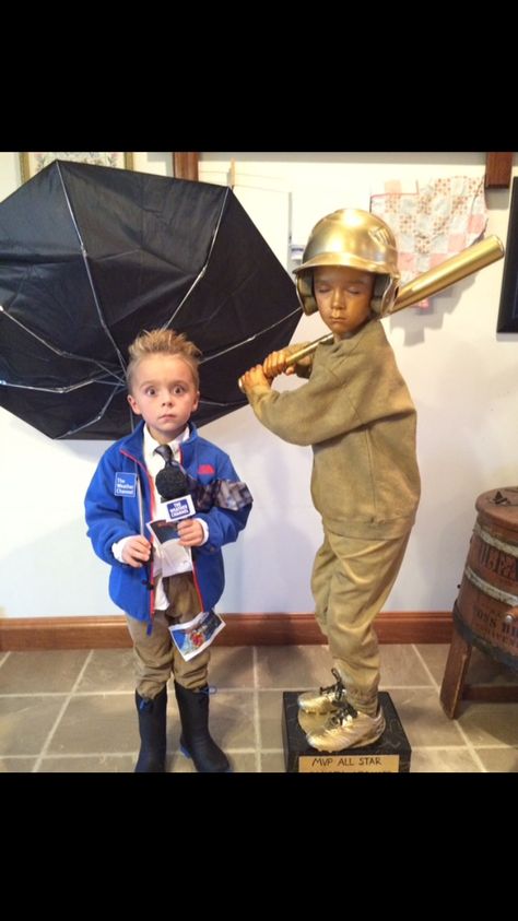 2015 Halloween Costumes: Paxton-Weather Channel Weather Man reporting from Hurricane Patricia, and Camden-A Baseball Trophy Weather Man Costume, Career Day Costumes For Kids, Career Day Costumes, Diy Customes, Baseball Trophy, Baseball Costumes, 2015 Halloween Costumes, Homecoming Spirit Week, Homecoming Spirit