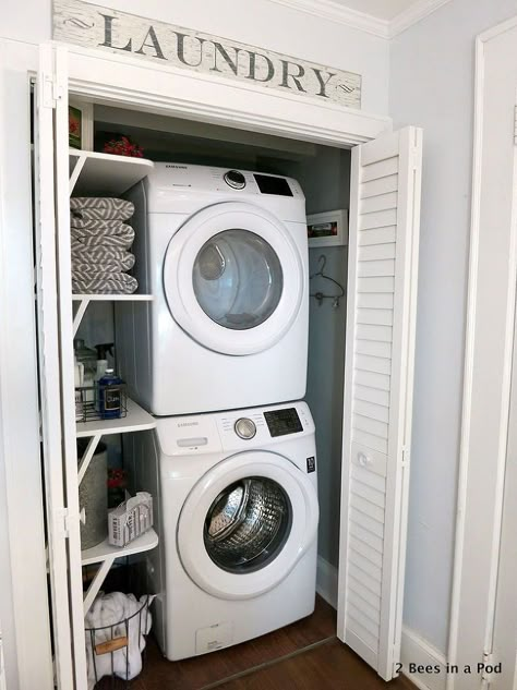 Small Space Solution - Laundry Closet Makeover :: Hometalk Hall Laundry Closet, Budget Laundry Room Makeover, Laundry Closet Makeover, Laundry Room Storage Shelves, Small Laundry Room Organization, Room Storage Diy, Laundry Space, Stackable Washer And Dryer, Laundry Room Closet