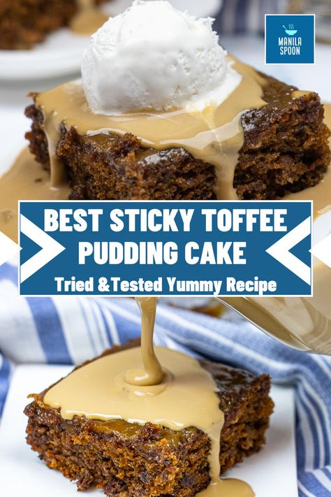 Best Sticky Toffee Pudding Cake Recipe Easy Sticky Toffee Pudding Recipe, Sticky Toffee Pudding Layer Cake, Sticky Toffee Pudding Cake Recipes, Toffee Sticky Pudding, Authentic Sticky Toffee Pudding, Toffee Pudding Cake, Toffee Nut Latte, Sticky Toffee Pudding Cake, Fluffy Sponge Cake