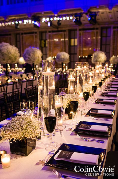 The enchanting table lined with a mirror runner overflowing with gypsophila arrangements and floating candles in varying heights. Black And White Ballroom, White Ballroom Wedding, White Ballroom, Ballroom Wedding Reception, Black And White Wedding Theme, Black Gold Wedding, White Wedding Theme, Black White Wedding, Ballroom Wedding