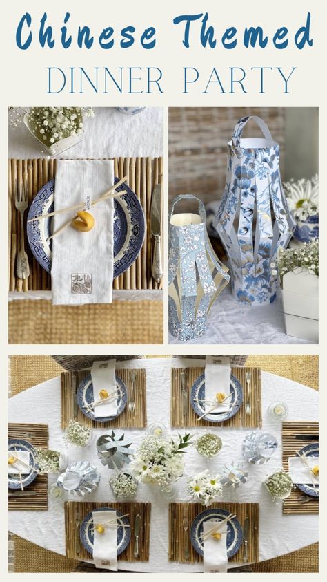 It's tablescape day for my dinner club and we're hosting an Asian inspired gathering. I'm sharing the best ideas for hosting a Chinese themed dinner party. My great grandmothers blue transferware with an Asian pattern was the inspiration for my Chinese themed table decor. Bamboo placemats, chopsticks, fortune cookies and Chinese takeout containers were other elements I incorporated. An Asian pattern teapot and the take-out containers made great vases for flowers for the centerpiece. Chinese Table Setting, Chinese Theme Parties, Asian Party Themes, Themed Dinner Party, Brunch Table Setting, Chinese Dinner, Asian Pattern, Bamboo Placemats, Asian Party