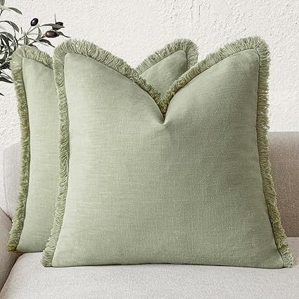 Amazon.com: Foindtower Set of 2 Decorative Linen Fringe Throw Pillow Covers Boho Farmhouse Cushion Cover with Tassels Soft Accent Pillowcase for Couch Sofa Bed Living Room Home Decor,18×18 Inch,Light Sage Green Sofa Bed Living Room, Bed Living Room, Fringe Throw, Light Sage Green, Chair Sofa Bed, Natural Linen Fabric, Garden Pillows, Boho Farmhouse, Couch Chair