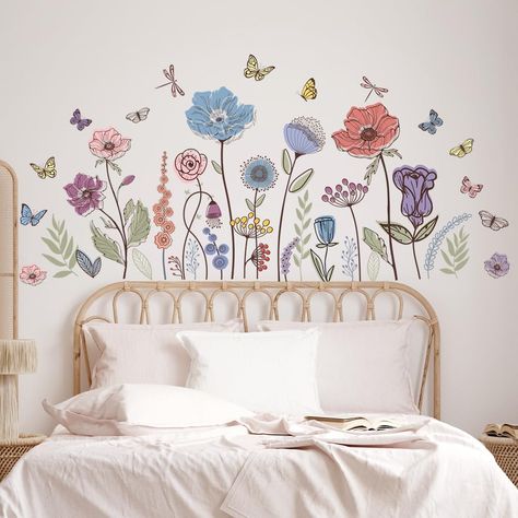 PRICES MAY VARY. MATERIAL - Eco-friendly self-adhesive PVC material, it is removable, waterproof, durable, moisture resistance, pressure resistant and easy to clean. Just peel them off, then paste to the places you want. This high-quality wall decals are designed to instantly transform any room into a tranquil seaside escape, creating a relaxing and calming atmosphere. SIZE & PACKAGE - Package included: 3 sheets different wall stickers. the sheet size is 11"×35.5". They can be arranged in many w Hand Painted Nursery Wall Murals, Boho Butterfly Bedroom, Butterfly Nursery Art, Wild Flower Nursery Theme, Flower Decals For Walls, Fairy Themed Nursery, Wildflower Nursery Theme, Butterfly Nursery Themes, Ladybug Bedroom