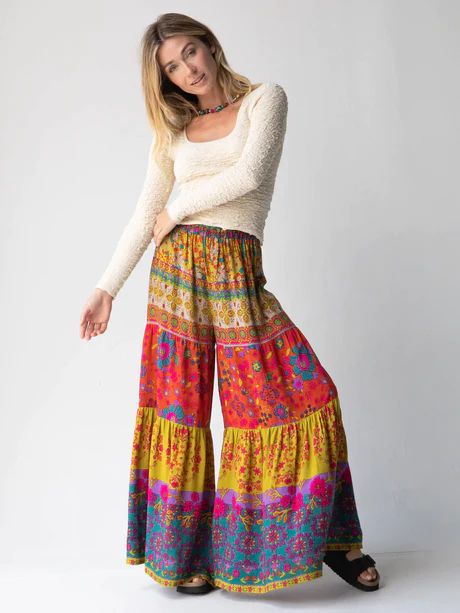 Colorful Flowy Pants, Natural Life Clothing, Art Teacher Aesthetic Outfits, Boho Teacher Outfit, Floral Maxi Skirt Outfit, Flowy Pants Outfit, Boho Bandeau, Dinner Dates, Dressy Shirts