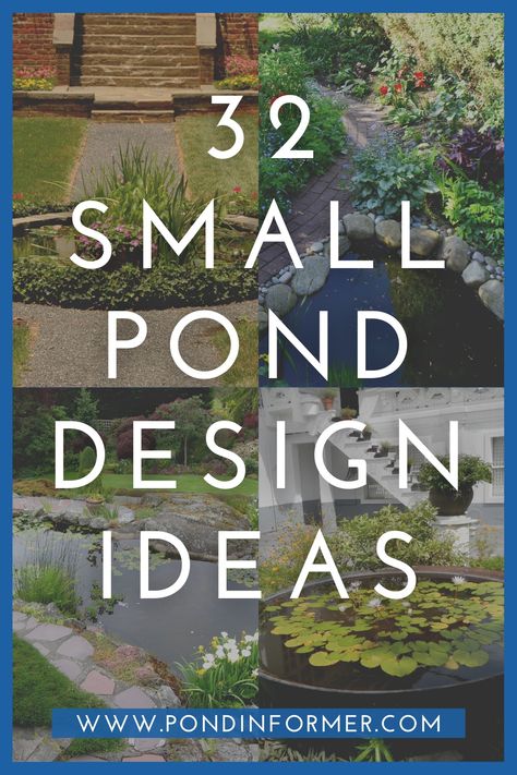 Visual guide to 32 different design ideas for small ponds, with waterfalls, plants, and more! Diy Pond Ideas, Patio Ponds, Koi Pond Backyard, Small Pond Ideas, Garden Pond Ideas, Small Fish Pond, Build A Pond, Fish Ponds Backyard, Small Garden Waterfalls