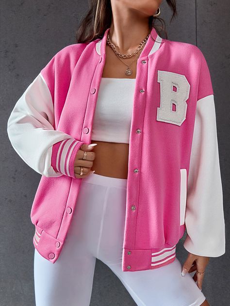 Pink Letterman Jacket Outfit, Pink Senior Jacket, College Jacket Aesthetic, Pink Varsity Jacket Outfit, Hot Pink Clothes, Varsity Jacket Pink, Purple Shirt Outfits, Letterman Jacket Outfit, Pink Varsity Jacket