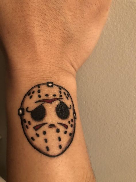 Jason Flash Tattoo, Small Jason Voorhees Tattoo, Friday The Thirteenth Tattoo, Friday The 13th Tattoo Jason, Friday The 13 Tattoo, Small Scary Tattoos, Small Horror Tattoo Ideas, Creative Tattoo Ideas For Men, Jason Vorhees Tattoo