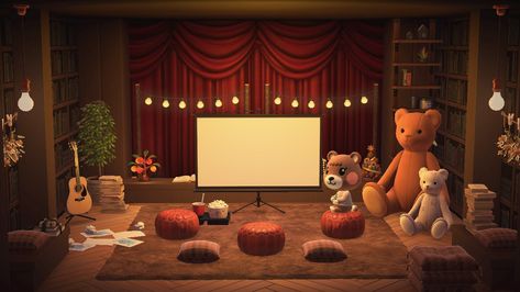 Acnh Gym Room, Acnh Study Room, Acnh Dance Studio, Acnh Office Room Ideas, Basement Animal Crossing, Acnh Kuromi, Acnh Moodboard, Cozy Movie Room, Alt Room