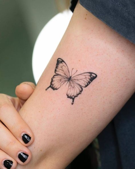 Timeline Butterfly Tattoo, Three Butterflies Tattoo Arm, Butterfly Tattoo Tricep, Butterfly Tattoo Upper Arm, Line Work Butterfly Tattoo, Butterfly Tattoo Back Of Arm, Morpho Butterfly Tattoo, Creative Butterfly Tattoo, Butterfly Fine Line Tattoo