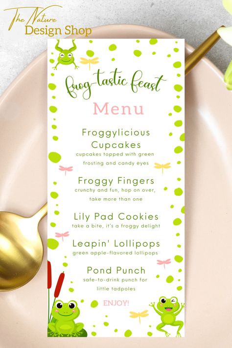 If you are looking for a frog party ideas, this editable frog menu will make a lovely addition to your frog themed birthday party decorations. 
You can edit and customize the text, then print as many times as you wish. 
Check out our store for many other items and ideas! Frog Themed Birthday Party Decorations, Frog Birthday Party Ideas, Frog Birthday Theme, Frog Birthday Decorations, Cute Frog Birthday, Frog Themed Birthday Party, Frog Party Decorations, Frog Valentine, Frog Party Ideas