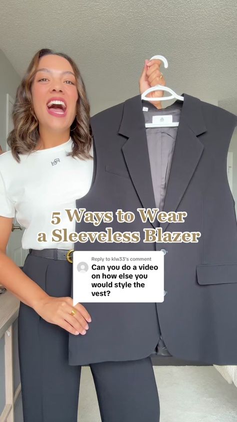 Styling a Vest: 5 Ways to Wear a Sleeveless Blazer | TikTok Sleeveless Blazer Vest Outfit, How To Wear A Long Vest Outfits, Sleeveless Blazer Styling, Styling Long Vest Outfit Ideas, Sleeveless Waist Coat Outfit Women, Sleeveless Blazer Outfits For Women, Oversized Blazer Vest Outfit, How To Style Sleeveless Blazer, How To Wear A Waistcoat Women