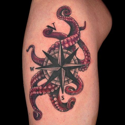 Tentacles & Compass Tattoo by Jerell Larkins Octopus And Compass Tattoo, Helm Tattoo, Tentacle Tattoo, Rose Tattoo Leg, Nautical Compass Tattoo, Nautical Star Tattoos, Compass Rose Tattoo, Ink Therapy, Tattoo Leg