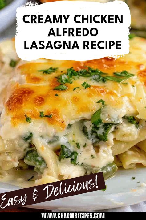 Enjoy a homemade Chicken Alfredo Lasagna that's rich in creamy cheese and tender chicken. This comforting dish layers noodles with homemade alfredo sauce, grilled chicken, and mozzarella, making it a hit for family dinners or gatherings. Simple steps ensure that you can whip this up easily any night of the week! Perfect for leftovers, it's definitely a recipe you'll want to keep close. Make your next meal special with this delectable twist on traditional lasagna that satisfies everyone's taste buds. Christmas Eve Chicken Alfredo Lasagna, Easy Chicken Alfredo Lasagna Recipe, White Sauce For Lasagna, White Chicken Alfredo Lasagna, Lasagna With Alfredo Sauce, Chicken Alfredo Spinach, Easy Chicken Lasagna Recipe, Alfredo Lasagna Recipe, Creamy Chicken Lasagna