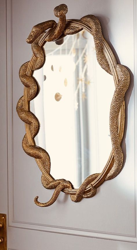 Classy Aesthetic Decor, Harry Potter Snake Mirror, Gold Snake Mirror, Goddess Bathroom Decor, Snake Furniture Design, Gold Snake Decor, Snake Mirror Frame, Snake Mirror Diy, Snake Bathroom