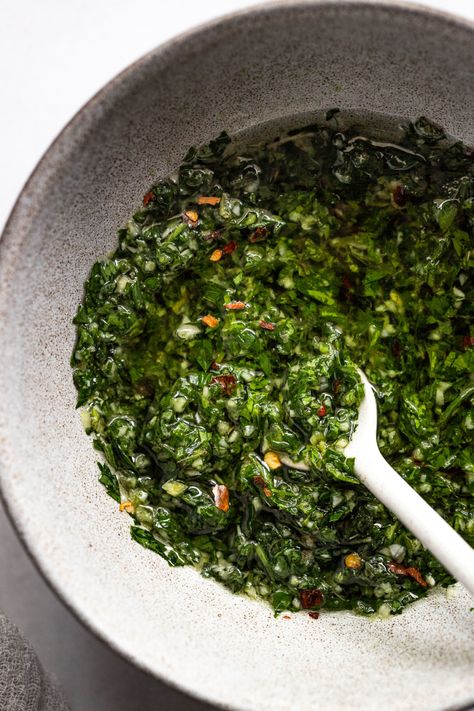 Chimichurri is an incredibly versatile, flavorful sauce! It's bursting with fresh parsley, oregano, pepper, and garlic! Traditionally served with grilled meats, it also makes an amazing marinade for vegetables, a condiment for cauliflower steaks, or served on a salad! You'll love this bright, punchy homemade herb sauce! Herb Sauce For Steak, Indian Chimichurri Sauce, Authentic Chimichurri Sauce, Parsley Chimichurri Sauce, Peruvian Chimichurri Sauce, Vegetable Marinade, Cauliflower Steaks, Homemade Sauce Recipes, Herb Sauce