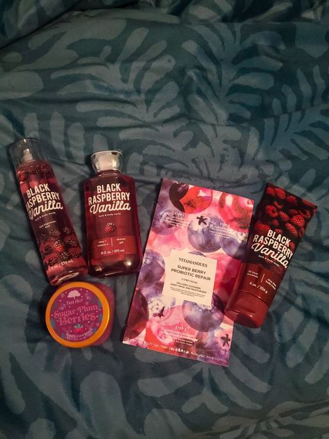 Berry themed self care routine with Sugar Plum Berries Treehut scrub, Black Raspberry Vanilla body wash/lotion/perfume from Bath and Body Works, and Vitamasques Berry Probiotic 3-step facial 🫐 Raspberry Skincare, Raspberry Perfume, Berry Perfume, Vanilla Body Wash, Black Cherry Merlot, Black Raspberry Vanilla, Face Products, Girly Phone Cases, Makeup Stuff