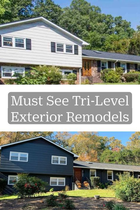 If you’re looking for ideas for how to remodel the exterior od your tri-level house, check out these beautifully updated split-level exterior remodels. And if you’re looking for more inspiration, take a look at our other posts in our split-level homes series. Exterior Split Level Remodel Curb Appeal, Add Garage To Split Level, Remodeled Tri Level Homes, Split Level Modern Exterior, Portico On Split Level Home, Exterior House Design Split Level, 1970 Split Level Remodel Exterior, Exterior House Flip, Board And Batten Split Level Exterior