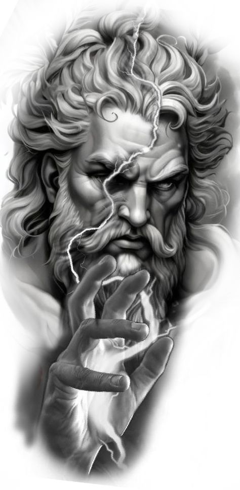 Greek Gods Tattoo Ideas, Zeus Leg Sleeve Tattoo, Tattoo Ideas For Men Sleeve Angel, Zeus Tattoo Design Ideas, Tattoo Filler Ideas Men Backgrounds, Greek Mythology Tattoo Design, Zues Tattoo Mythology, Zeus Portrait, Zeus Drawing