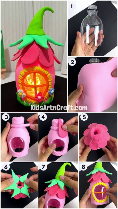 Beautiful Tinker Bell House Craft Using Plastic Bottle And Super Clay Check more at https://www.kidsartncraft.com/plastic-bottle-clay-house-craft-tutorial/ Tinker Bell House, Super Clay, Clay House, House Craft, Pink Clay, Craft Tutorial, Tinker Bell, Recycled Crafts, Plastic Bottle