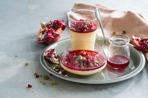 Pomegranate and rosewater baked custard | Easy dessert recipes | SBS Food Vietnamese Iced Coffee, Baked Custard, Sbs Food, Festive Desserts, Elegant Desserts, Baking Tips, Rose Water, Food Preparation, Custard