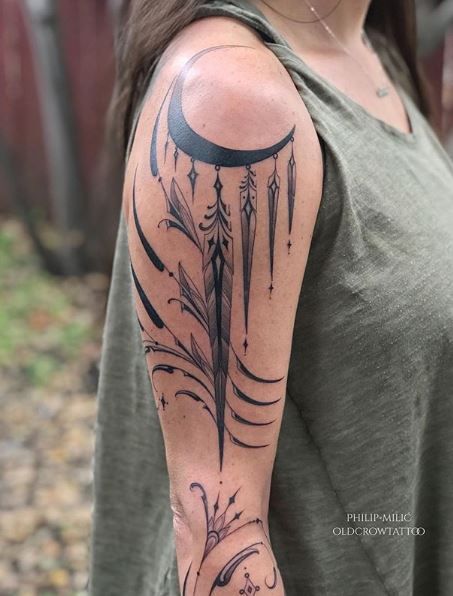 Old Crow Tattoo, Indian Feather Tattoos, Disney Sleeve Tattoos, Molecule Tattoo, Mystical Tattoos, Girl Arm Tattoos, Anklet Tattoos, Crow Tattoo, Shoulder Tattoos For Women