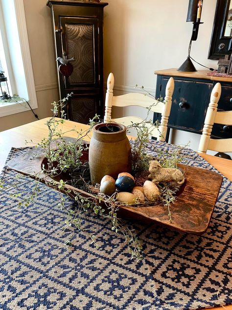 Vintage Dough Bowl Decorating Ideas, Spring Primitive Decorating, Primitive Spring Decorating Ideas, Primitive Table Centerpiece, Sugar Molds Decor, Easter Coffee Bar, Bowl Styling, Primitive Kitchen Table, Primitive Spring Decor