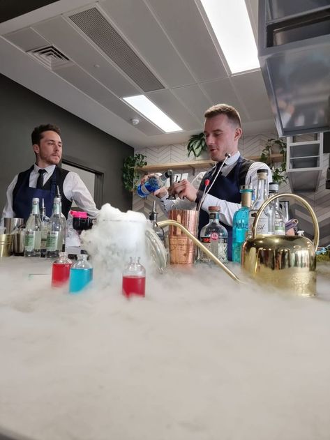 Office party with a science/lab theme. Dry ice effect Ice Effect, Creative Catering, Dry Ice, Science Lab, Office Party, Office Parties, Lab, Science