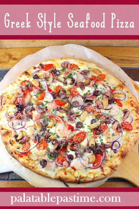 Octopus Pizza, Fusion Pizza, Seafood Pizza Recipes, Mini Pizza Bites, Shrimp Pizza, Mediterranean Pizza, Greek Pizza, Seafood Pizza, Delicious Pizza Recipes