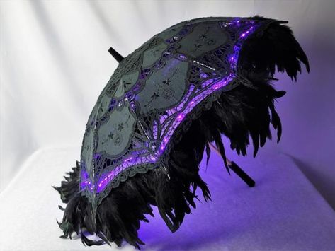 Linda Mooney's Other Worlds of Romance: Gorgeous Parasols with LEDs Black Parasol, Purple Umbrella, Purple Lights, Lace Umbrella, Lace Parasol, Purple Fairy, Aesthetic Objects, Victorian Lampshades, Battenburg Lace