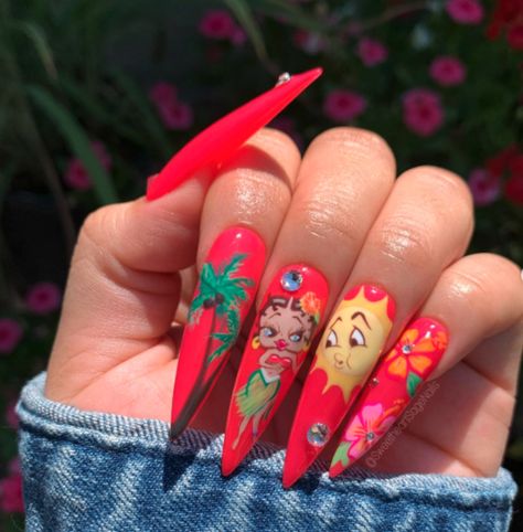 Tropical Acrylic Nails Summer, Nail Designs Animals, 3d Acrylic Nails Flowers, Betty Boop Nails, Vacay Nails, Tropical Nail Designs, Flowers Exotic, 3d Acrylic Nails, Nails Flowers