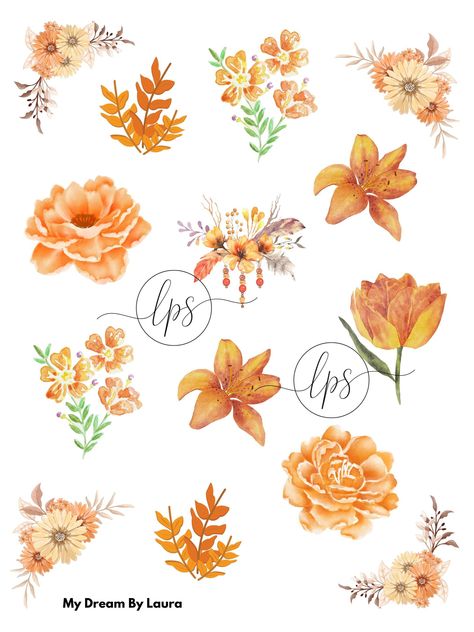 Orange Flowers Stickers, Digital Planner Stickers Flowers, Orange Scrapbook Stickers, Orange Stickers Printable, Orange Journal Stickers, Orange Stickers Aesthetic Printable, Orange Journal, Orange Stickers Aesthetic, Flower Stickers Printable