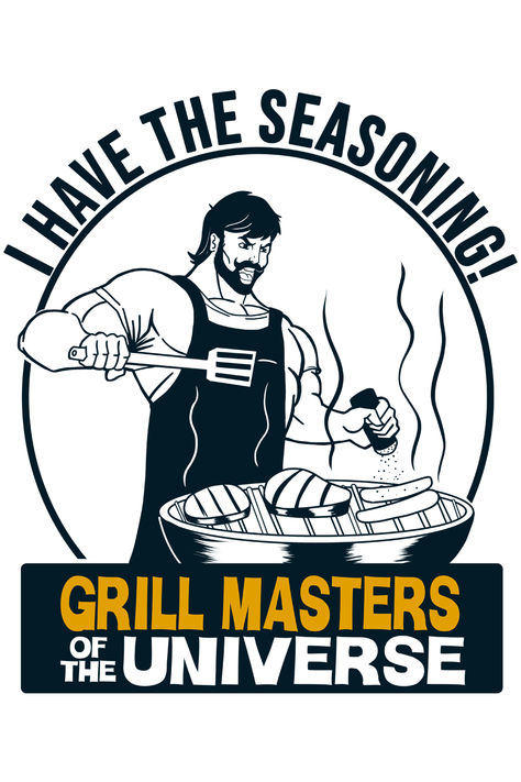 Funny design of a bearded man grilling meat and sausages on a grill with the phrase: ''Grill masters of the universe''. #barbequeman #grillmaster #beardedmancooking #grillerman Man Grilling, Random Designs, Bearded Man, Grill Master, Grilled Meat, Masters Of The Universe, Sausages, Bearded Men, The Universe