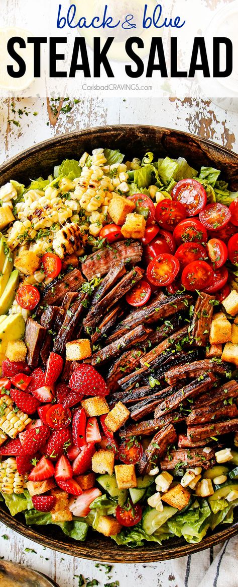 Black And Blue Steak, Blue Steak, Steak Salad Recipe, Chicken Taco Salad, Marinated Flank Steak, Carlsbad Cravings, Salad Pasta, Croutons Homemade, Marinated Steak