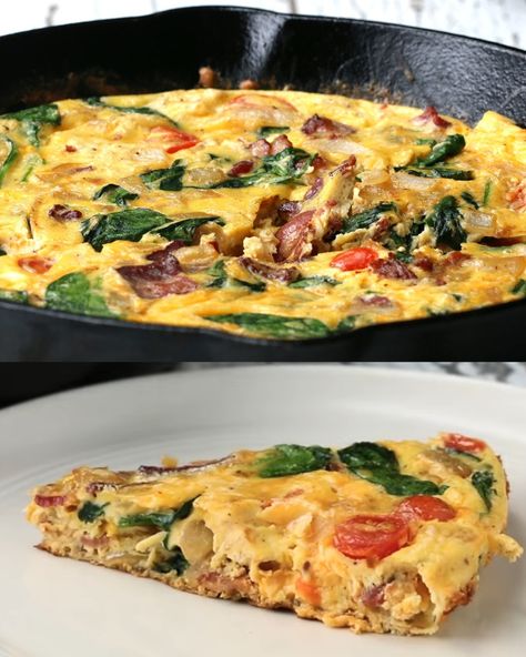 Savory Spinach and Bacon Frittata: A Delicious and Nutritious Meal Bacon Frittata, Spinach And Bacon, Herbed Potatoes, Freshly Squeezed Orange Juice, Meat Substitutes, Turkey Bacon, Light Dinner, Vegetarian Options, Diced Onions