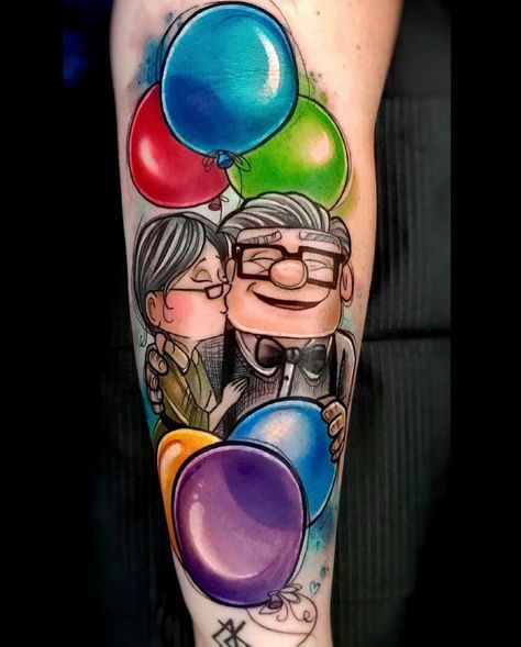 Ellie and Carl from Disney's UP, created by Gina Fote at Timewarp Tattoo, located in Orlando, Florida! Gina's Instagram is @ginafote Up Tattoo Disney Couple, Mum Tattoo, Up Pixar, Disney Up, Up Tattoos, Cartoon Tattoos, Disney Couples, Orlando Florida, Disney Tattoos